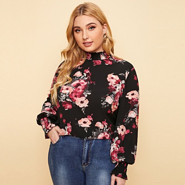 

Plus Floral Print Shirred Neck and Cuff Lantern Sleeve Top, Multicolor