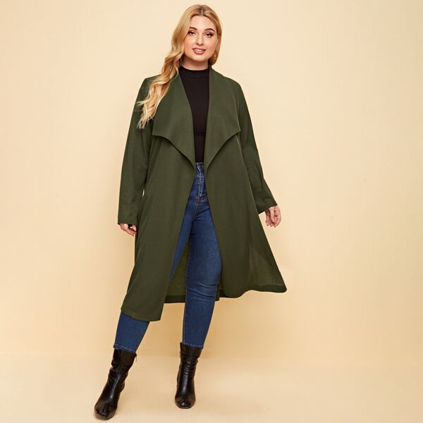 

Plus Waterfall Collar Pocket Side Open Front Coat, Army green