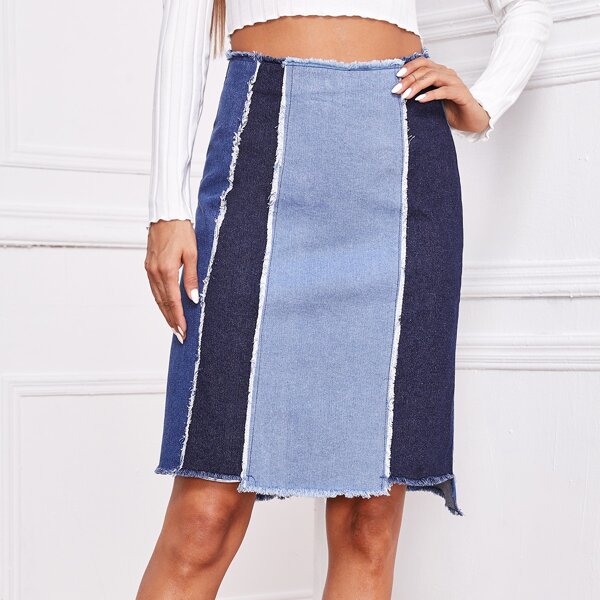 

High Low Hem Raw Edge Color Block Denim Skirt, Multicolor