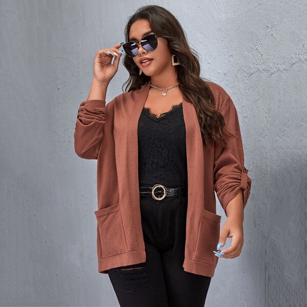 

Plus Open Front Roll Up Sleeve Cardigan, Rust brown
