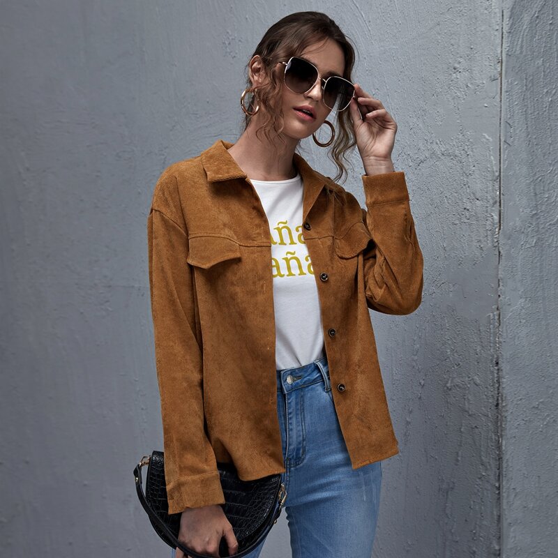 

Drop Shoulder Button Front Corduroy Coat, Brown