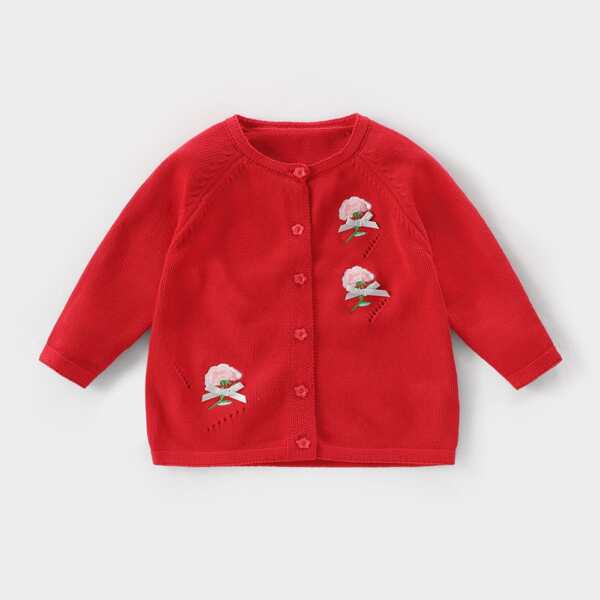 

Toddler Girls Floral Embroidery Raglan Sleeve Cardigan, Red