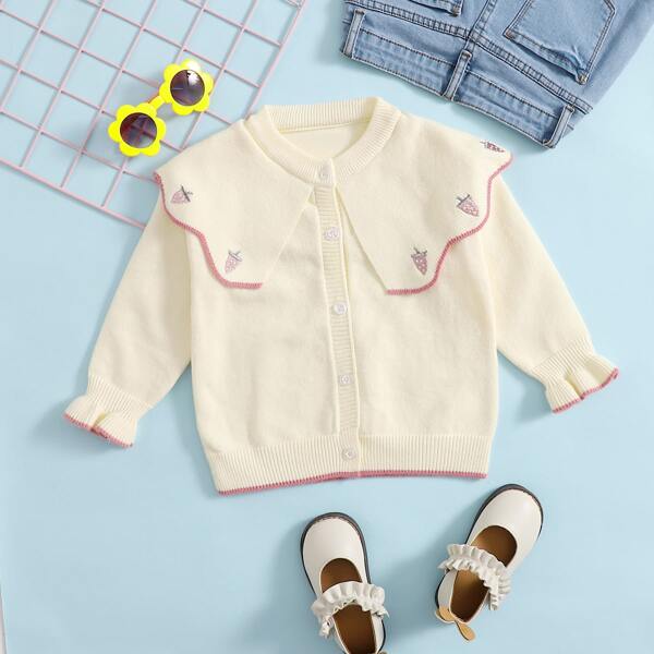 

Toddler Girls Strawberry Pattern Peter Pan Collar Cardigan, Beige