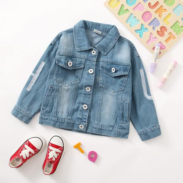 

Toddler Girls Letter Graphic Washed Denim Jacket, Medium wash
