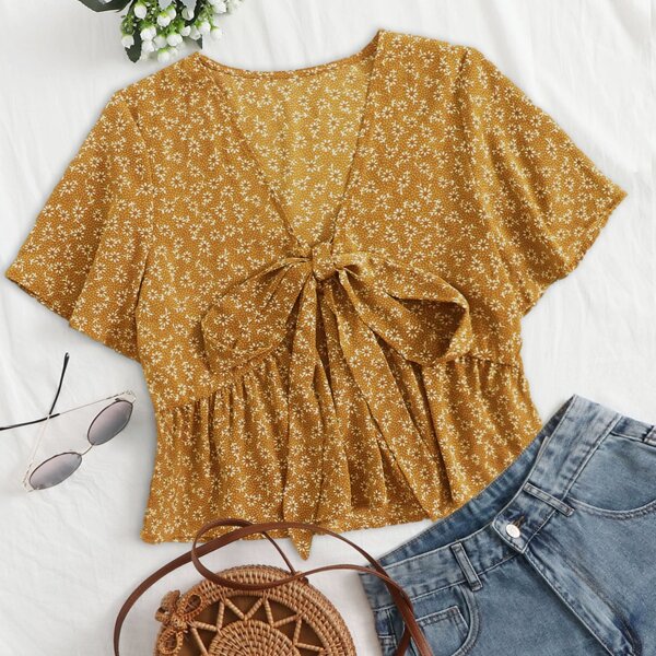 

Plus Ditsy Floral Knot Front Peplum Blouse, Mustard yellow