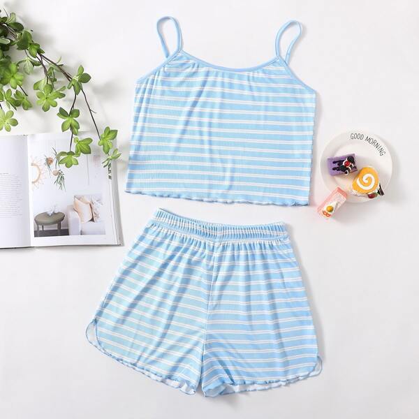 

Striped Lettuce Trim Cami Top With Shorts PJ Set, Baby blue