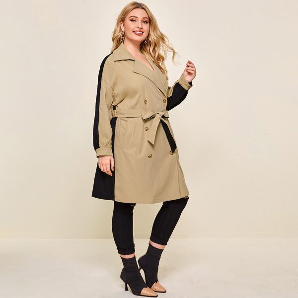 

Plus Double Breasted Colorblock Trench Coat, Multicolor