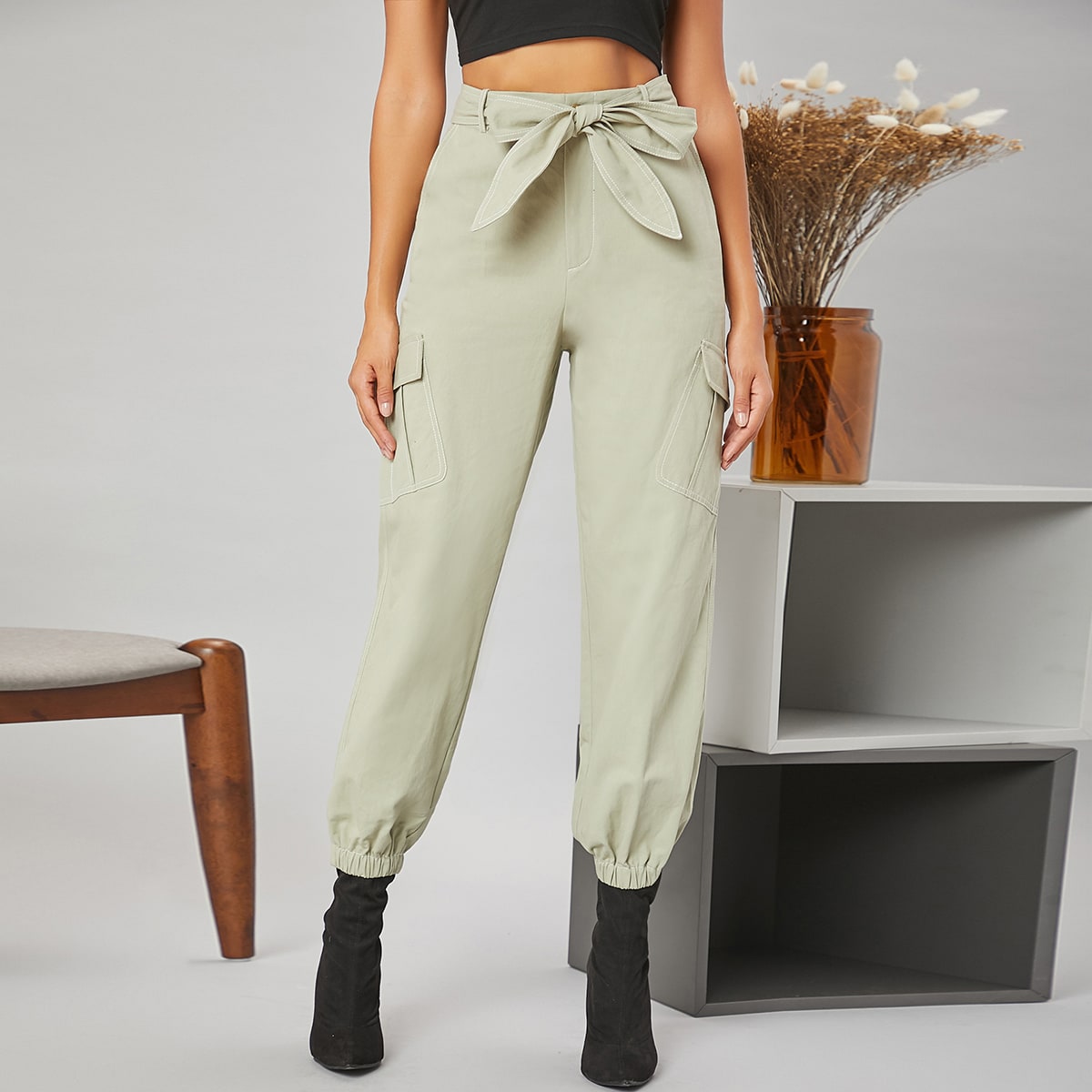 Image of Flap Pocket Side Self Belted Cargo Trousers