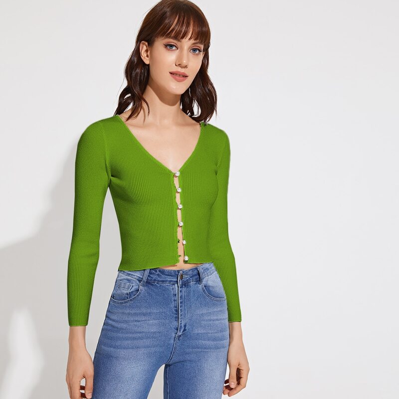 

Pearl Button Front Solid Cardigan, Bright lime green