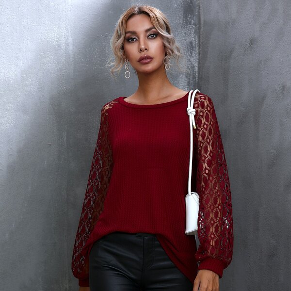 

Sheer Lace Lantern Sleeve Waffle Knit Tee, Burgundy