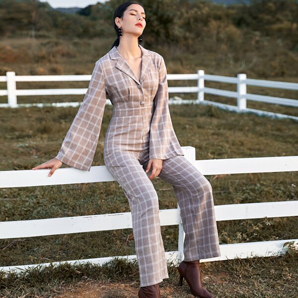 

Plaid Bell Sleeve Button Front Jumpsuit, Apricot
