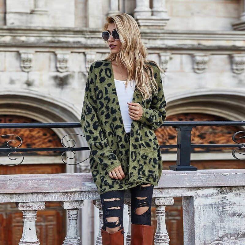 

All over Pattern Drop Shoulder Open Front Cardigan, Dark green