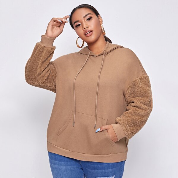 

Plus Faux Shearling Sleeve Pocket Front Hoodie, Apricot