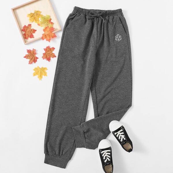 

Girls Geo Print Knot Front Sweatpants, Dark grey