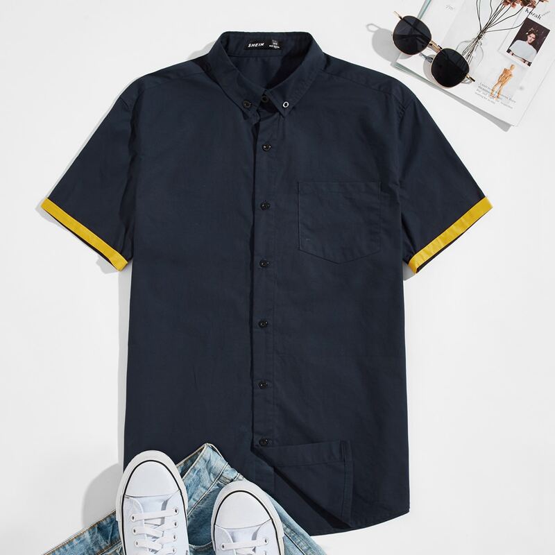 

Guys Pocket Patched Contrast Cuff Shirt, Navy blue