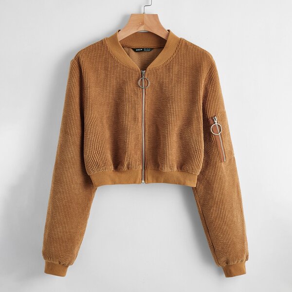 

O-ring Zip Pocket Side Cord Bomber Jacket, Brown