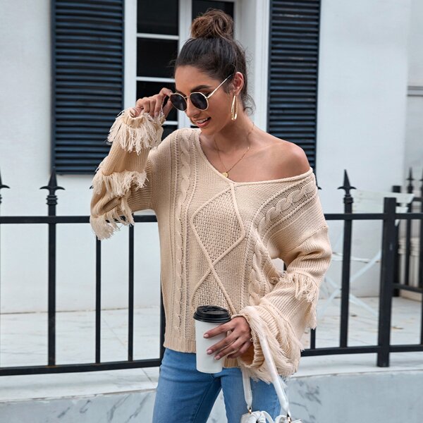 

Fringe Trim Cable Knit Sweater, Apricot