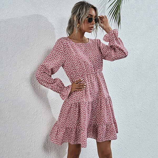 

Ditsy Floral Print Ruffle Hem Dress, Baby pink