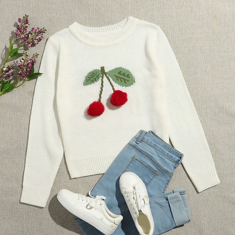 

Cherry Pom Pom Detail Round Neck Sweater, White