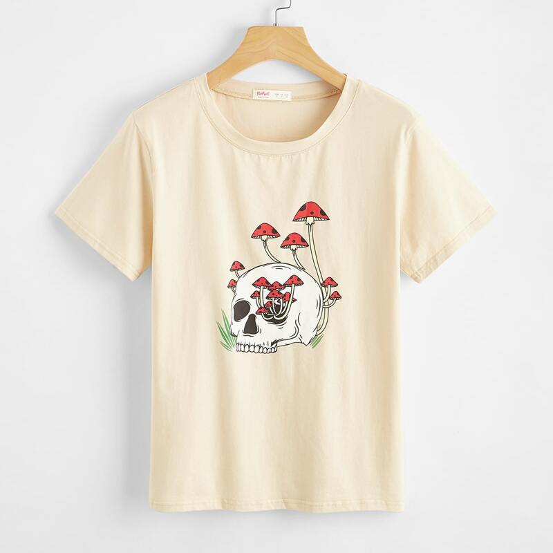 

Skull & Mushroom Graphic Tee, Beige