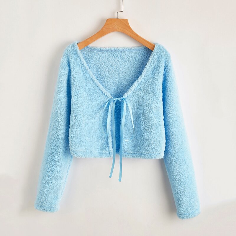 

Tie Front Teddy Crop Top, Baby blue