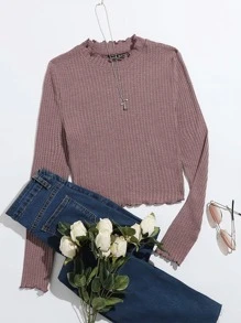 SHEIN Qutie 生菜邊華夫格針織T恤 - 紅木色 - 查看 1