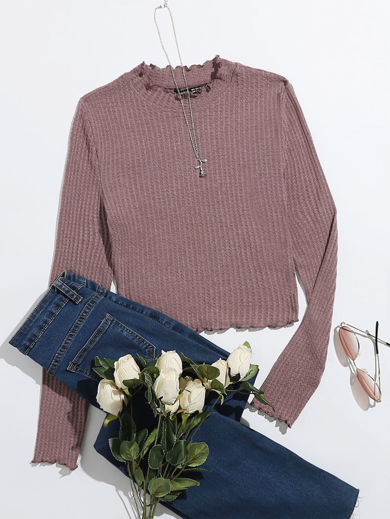 SHEIN Qutie 生菜邊華夫格針織T恤 - 紅木色 - 查看 1