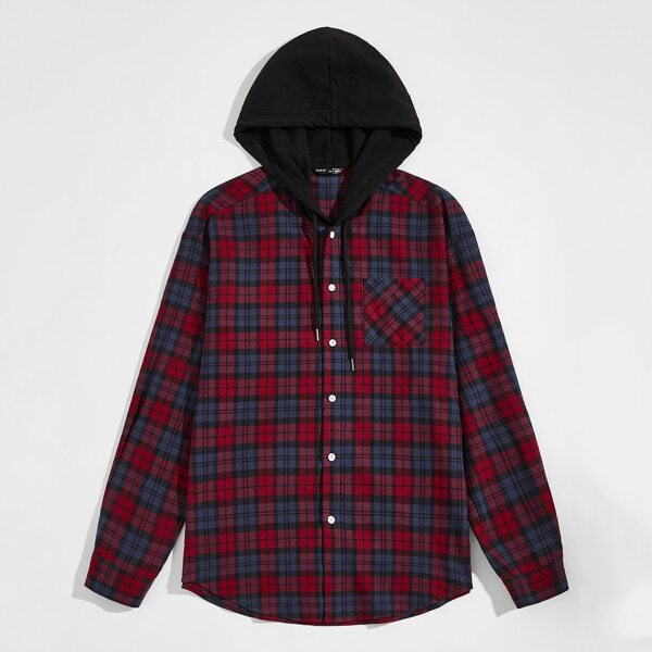 

Men Pocket Patched Tartan Contrast Hooded Shirt, Multicolor