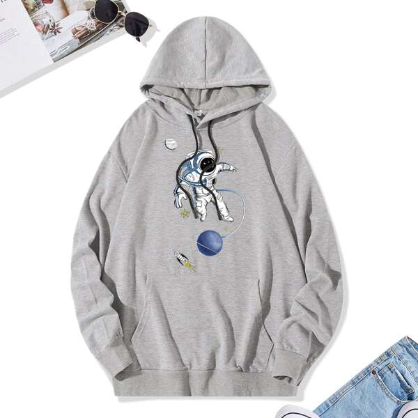 

Men Astronaut And Galaxy Print Drawstring Hoodie, Light grey
