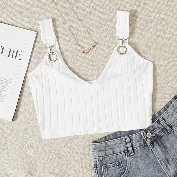 

Grommet Strap Rib-knit Crop Top, White