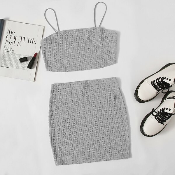 

Crop Cable Knit Cami Top & Skirt Set, Light grey