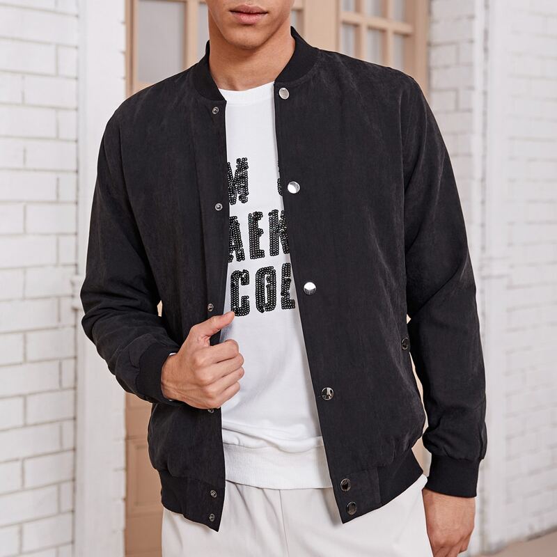

Guys Single Breasted Solid Bomber Jacket, Black