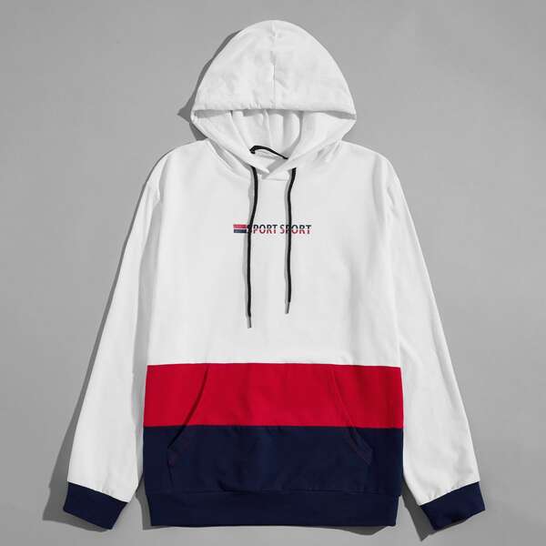 

Men Drawstring Detail Letter Graphic Colorblock Hoodie, White