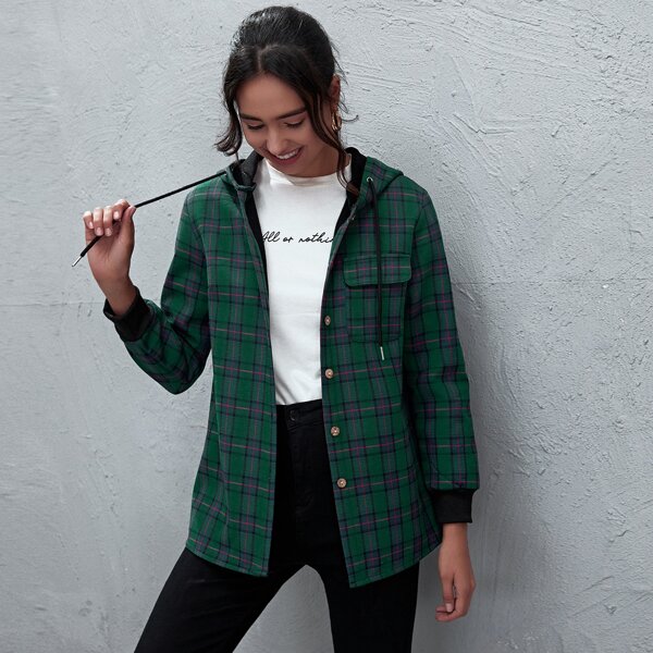 

Plaid Flap Pocket Drawstring Hooded Jacket, Green