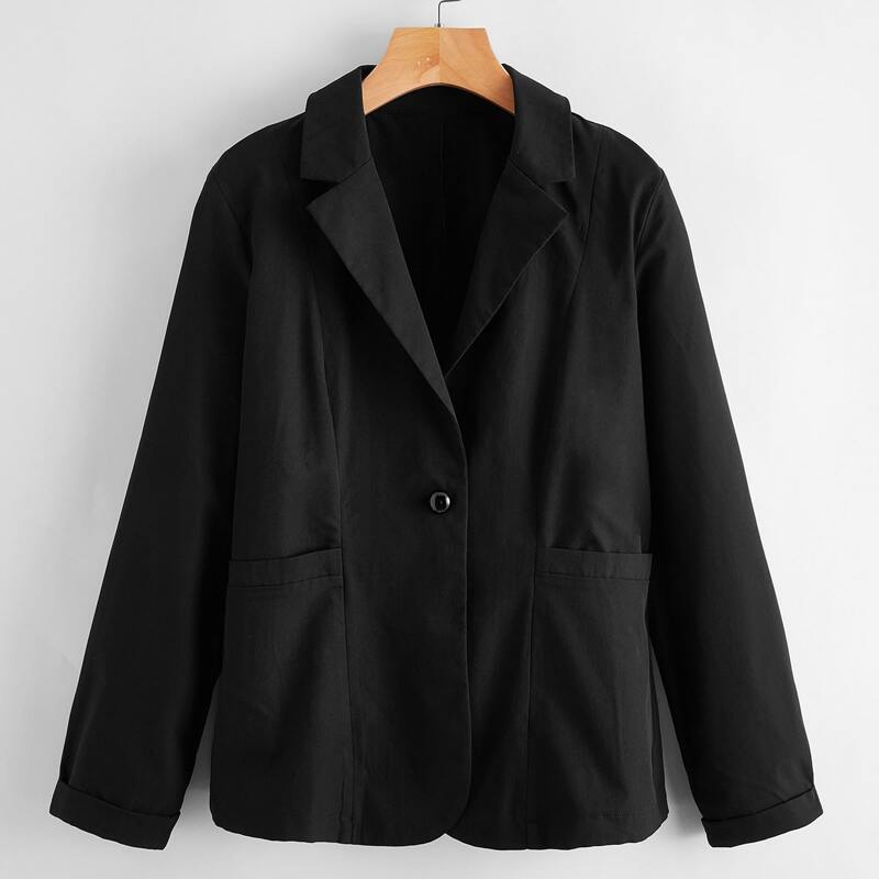 

Lapel Neck Dual Pocket Single Button Blazer, Black