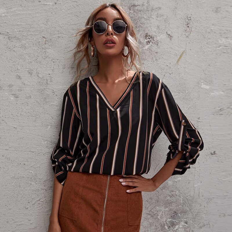 

Striped Print V Neck Long Sleeve Blouse, Black