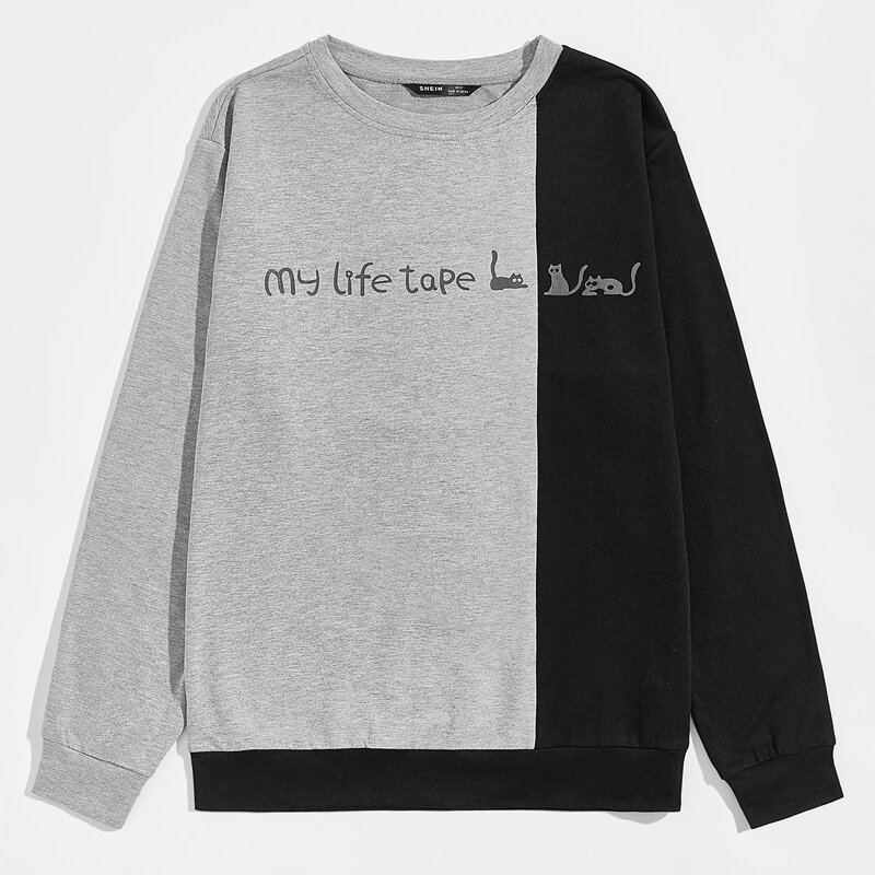 

Guys Cat & Slogan Graphic Colorblock Pullover, Grey