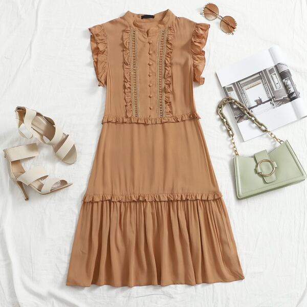 

Frill Trim Button Front Ruffle Hem Dress, Apricot
