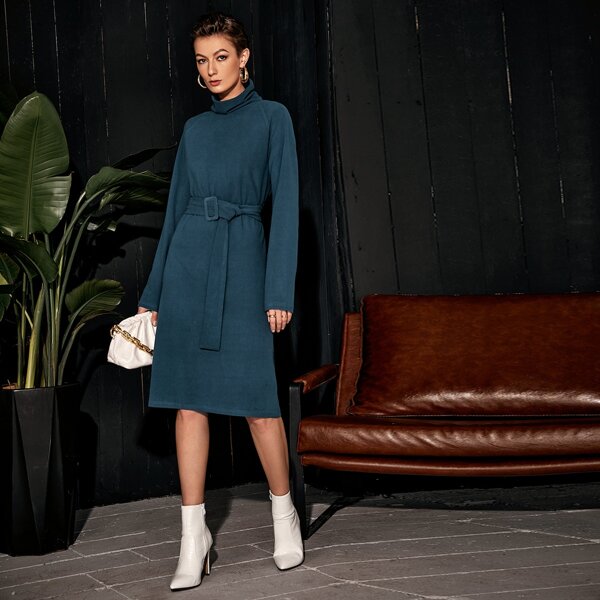 

Funnel Neck Buckle Belted Raglan Sleeve Dress, Navy blue