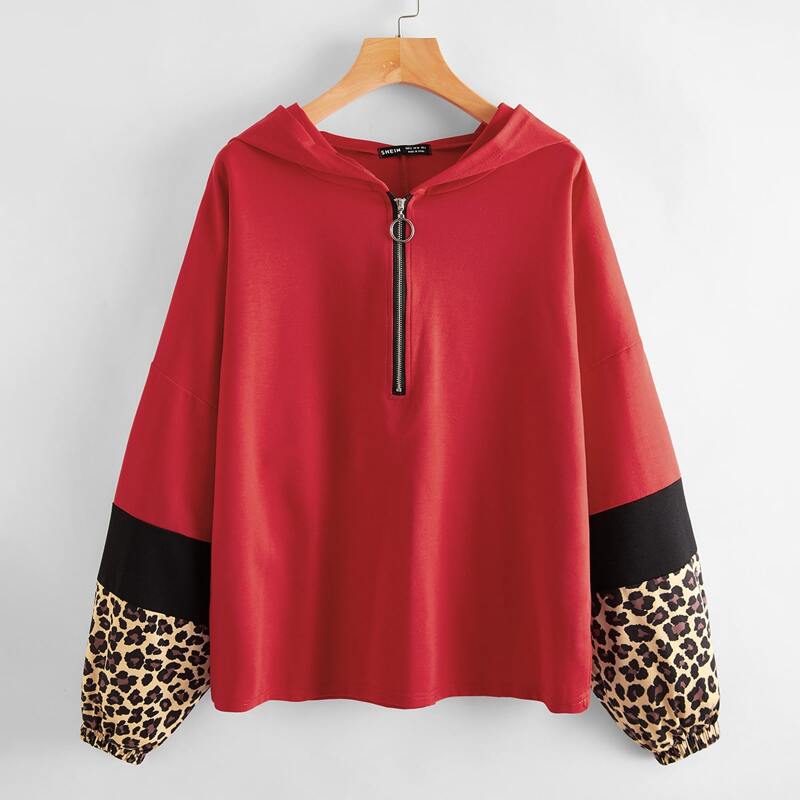 

Half Zip Contrast Leopard Oversized Hoodie, Red