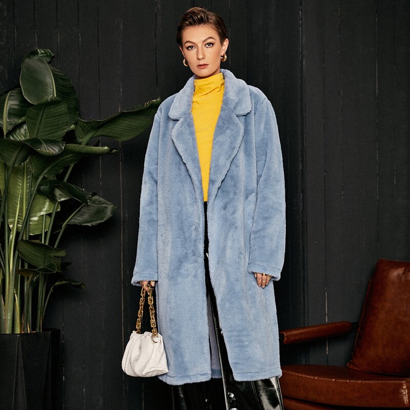 

Open Front Lapel Neck Faux Fur Coat, Dusty blue