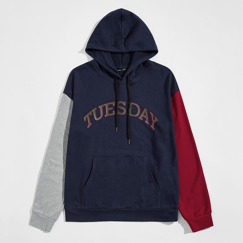 

Guys Pouch Pocket Letter Graphic Colorblock Hoodie, Navy blue