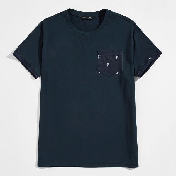 

Men Tree Print Patch Pocket Tee, Navy blue
