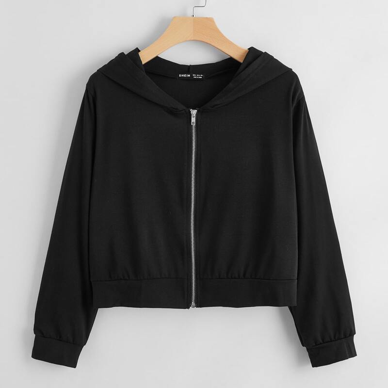 

Zip Up Solid Crop Hoodie, Black
