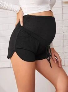 SHEIN Maternity Tie Front Curved Hem Shorts - Black - View 1