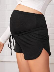 SHEIN Maternity Tie Front Curved Hem Shorts - Black - View 3