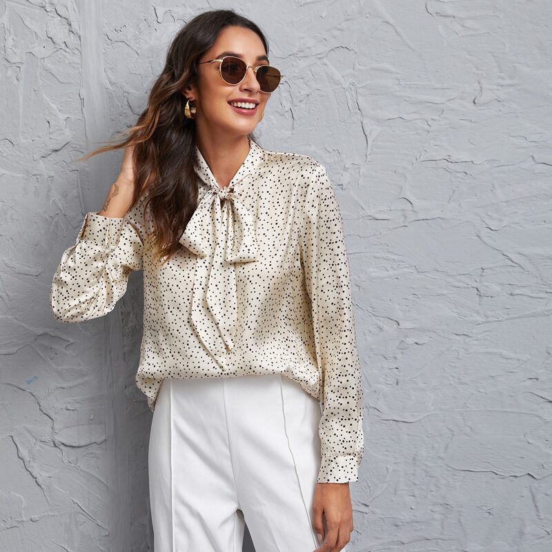 

Tie Neck Polka Dot Satin Top, Beige