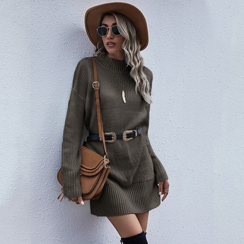 

Mock Neck Drop Shoulder Sweater Dress Without Belt, Army green