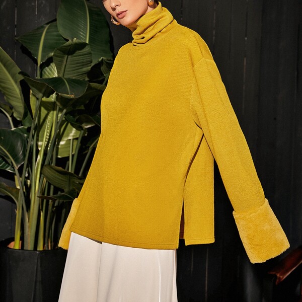 

Cowl Neck Faux Fur Detail Split Hem Tee, Mustard yellow