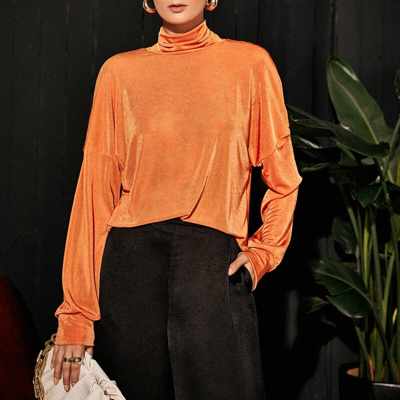

Cowl Neck Drop Shoulder Solid Tee, Orange bright